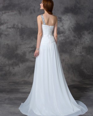 Ruched White One Shoulder Beading Chiffon Beach Wedding Dress WD2020