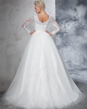 Pleated Jewel Beading Appliqued White Wedding Gown with Long Sleeves WD2021