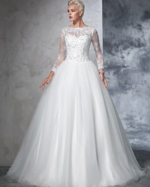 Pleated Jewel Beading Appliqued White Wedding Gown with Long Sleeves WD2021