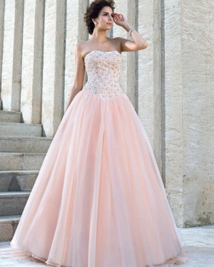Pleated Strapless Pink Beading Bodice Princess Wedding Gown WD2023