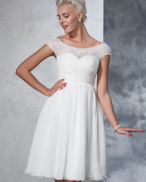 White Tulle Bateau Ruched Lace Applique Short Wedding Dress WD2024