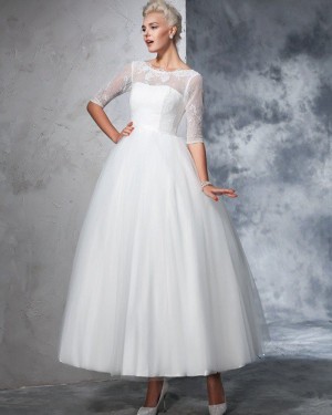 Ankle Length Lace Bodice Princess Sheer Neck Wedding Dress with Half Length Sleeves WD2025