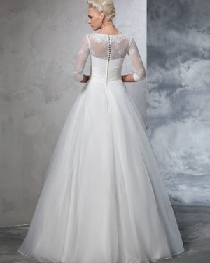 A-line High Neck Lace Bodice White Ruched Tulle Wedding Dress with Half Length Sleeves WD2026