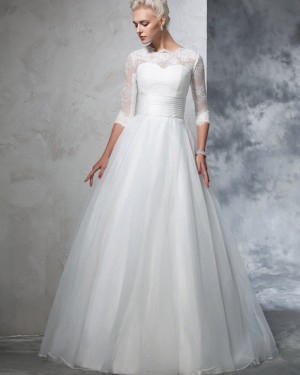 A-line High Neck Lace Bodice White Ruched Tulle Wedding Dress with Half Length Sleeves WD2026