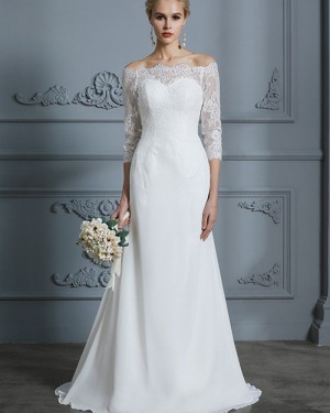 White Off the Shoulder Sheath Lace Appliqued Wedding Dress with Half Length Sleeves WD2028