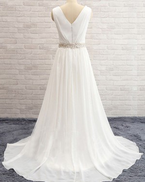 V-neck Ruched Beading Ivory Simple Chiffon Wedding Dress with Side Slit WD2031