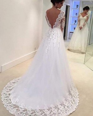 White V-neck Lace Appliqued Pleated Wedding Dress with Long Sleeves WD2032