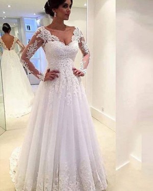 White V-neck Lace Appliqued Pleated Wedding Dress with Long Sleeves WD2032