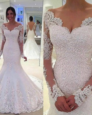 Appliqued Lace Mermaid V-neck Beading White Wedding Dress WD2033