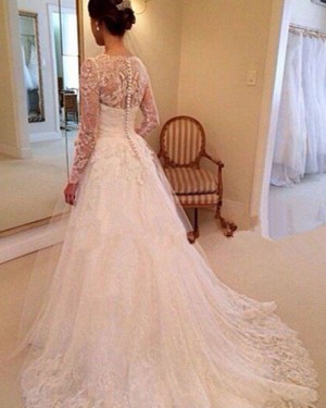 Princess Square Lace A-line Ivory Wedding Dress with Long Sleeves WD2035