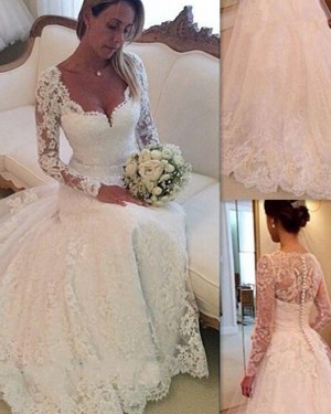 Princess Square Lace A-line Ivory Wedding Dress with Long Sleeves WD2035
