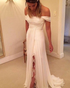 Ruched Simple Off the Shoulder White Wedding Dress with Side Slit WD2036
