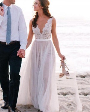 Ivory Jewel Tulle Lace Bodice Beach Wedding Dress WD2038