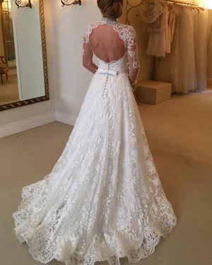 High Neck Lace Ivory A-line Wedding Dress with Long Sleeves WD2039