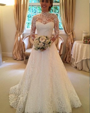 High Neck Lace Ivory A-line Wedding Dress with Long Sleeves WD2039