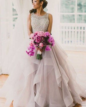 Tulle Jewel Lace Bodice Ruffled Ivory Wedding Dress WD2041