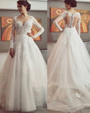 A-line V-neck Lace Appliqued Wedding Dress with Long Sleeves WD2043
