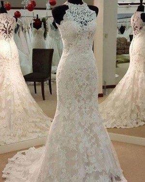 Lace Elegant Ivory Mermaid High Neck Wedding Dress WD2045