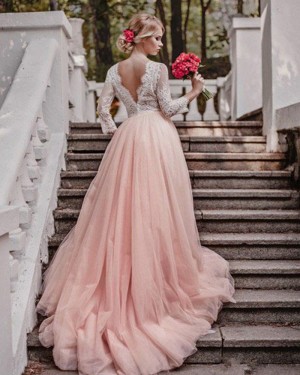 Pleated V-neck Lace Bodice Dusty Pink Tulle Wedding Dress with Long Sleeves WD2046