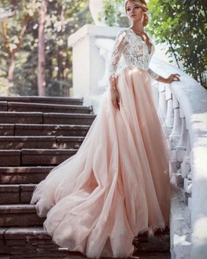 Pleated V-neck Lace Bodice Dusty Pink Tulle Wedding Dress with Long Sleeves WD2046