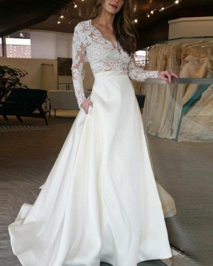 White Satin Lace Bodice V-neck Fall Wedding Dress with Long Sleeves WD2047