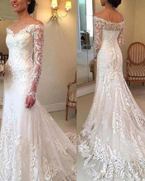 White Tulle Off the Shoulder Lace Appliqued Mermaid Wedding Dress with Long Sleeves WD2049