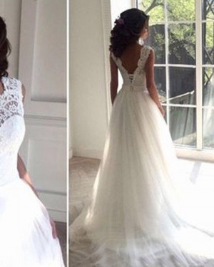 Pleated Tulle Jewel Lace Bodice White Wedding Dress WD2051