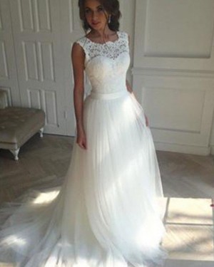 Pleated Tulle Jewel Lace Bodice White Wedding Dress WD2051