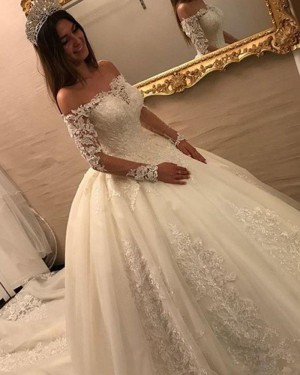 Ivory Off the Shoulder Lace Appliqued Wedding Dress with Long Sleeves WD2052