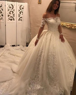 Ivory Off the Shoulder Lace Appliqued Wedding Dress with Long Sleeves WD2052