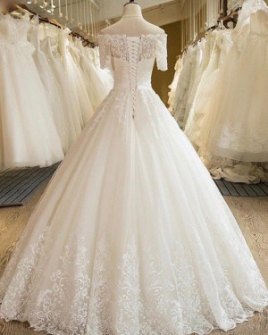 Pleated Off the Shoulder Lace Appliqued Ivory Wedding Gown with Short Sleeves WD2053