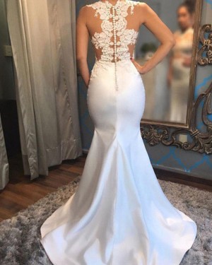 Satin High Neck Appliqued Mermaid White Wedding Dress WD2054