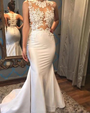 Satin High Neck Appliqued Mermaid White Wedding Dress WD2054
