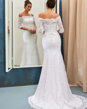 Lace Mermaid Off the Shoulder White Wedding Dress with Half Length Sleeves WD2056