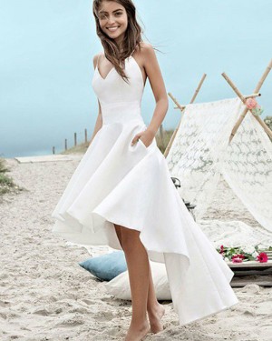 White Satin Spaghetti Straps High Low Beach Wedding Dress with Pockets WD2058