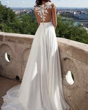 Chiffon Sheer Neck Appliqued Bodice Pleated Wedding Dress with Side Slit WD2059