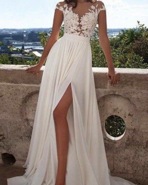 Chiffon Sheer Neck Appliqued Bodice Pleated Wedding Dress with Side Slit WD2059
