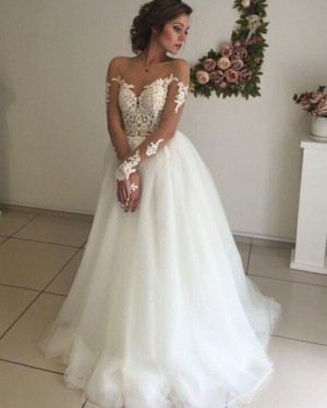 Tulle Sheer Lace Bodice White Wedding Dress with Long Sleeves WD2060