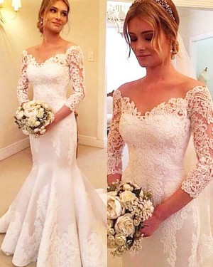 Satin Off the Shoulder Lace Appliqued Wedding Dress with 3/4 Length Sleeves WD2061