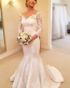 Satin Off the Shoulder Lace Appliqued Wedding Dress with 3/4 Length Sleeves WD2061