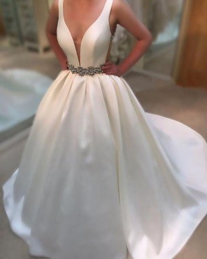 Simple White Deep V-neck Wedding Gown with Belt WD2065