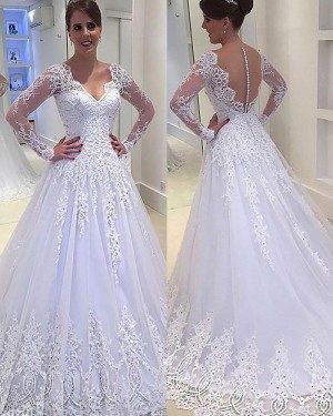 Beading Pleated V-neck White Lace Appliqued Princess Wedding Dress with Long Sleeves WD2070