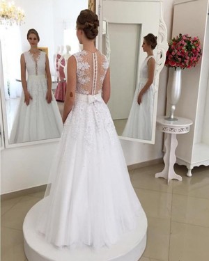 Pleated Jewel Lace Applique White Wedding Dress with Beading Belt WD2072