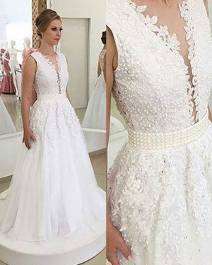 Pleated Jewel Lace Applique White Wedding Dress with Beading Belt WD2072