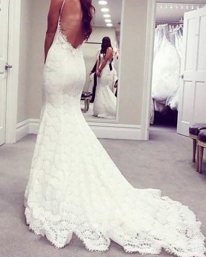 Mermaid Spaghetti Straps Lace Wedding Dress with Open Back WD2073