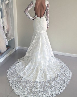 White Lace Long Sleeve Jewel Mermaid Style Wedding Dress WD2075