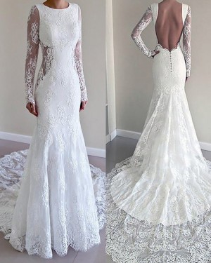 White Lace Long Sleeve Jewel Mermaid Style Wedding Dress WD2075