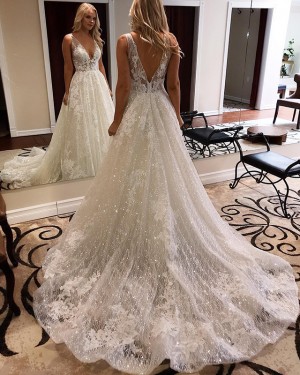 Elegant A-line Deep V-neck Appliqued Sparkle Wedding Dress WD2077