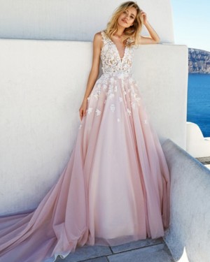 Appliqued Pink Handmade Flowers Deep V-neck Wedding Dress WD2078
