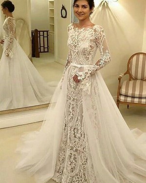Gorgeous Vintage Lace Sheath Long Sleeve Wedding Dress with Detachable Skirt. WD2079